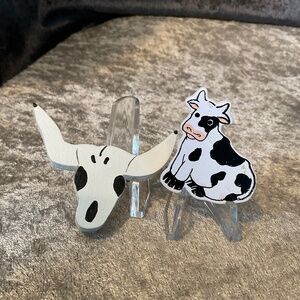 Vintage Set of 2 Black and White Holstein Cow Wood Pins
